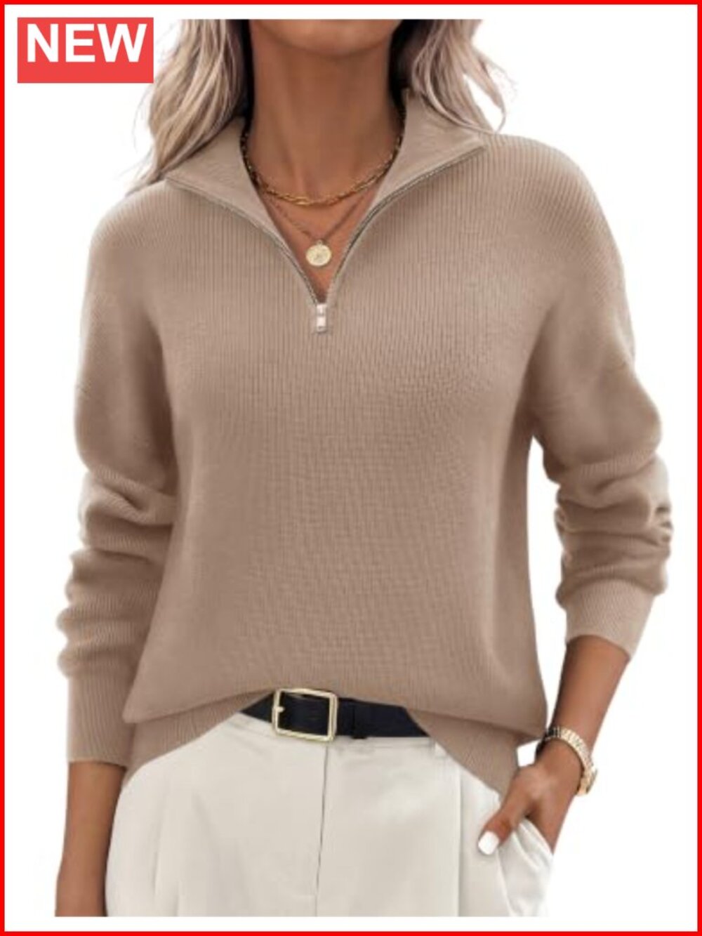 Womens Quarter Zip Knit Sweater Long Sleeve V-Neck Pullover Top